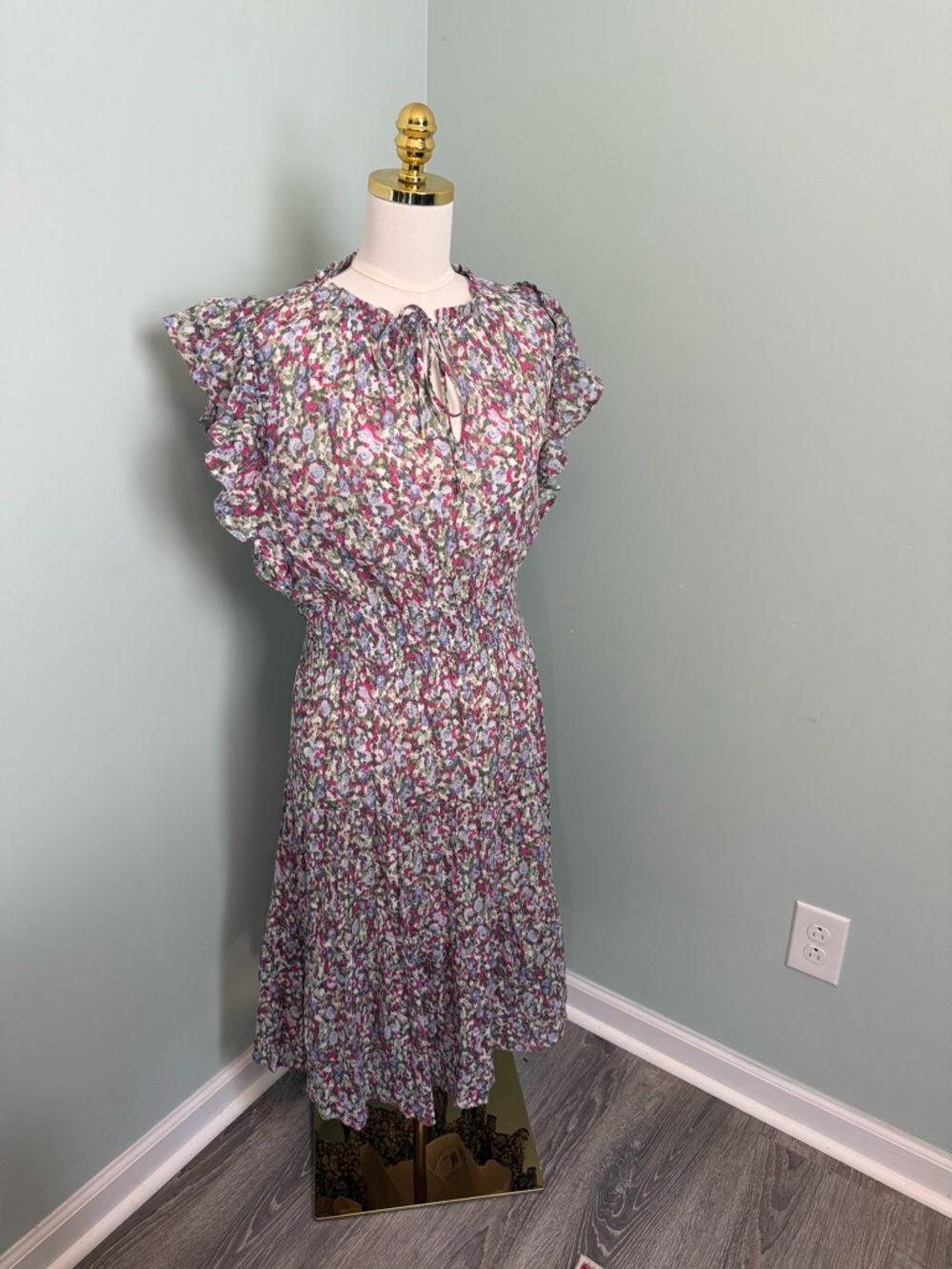 Lauren Ralph Lauren Floral Smocked Waist Flutter Sleeve Midi Dress Rose Pink‎ 10